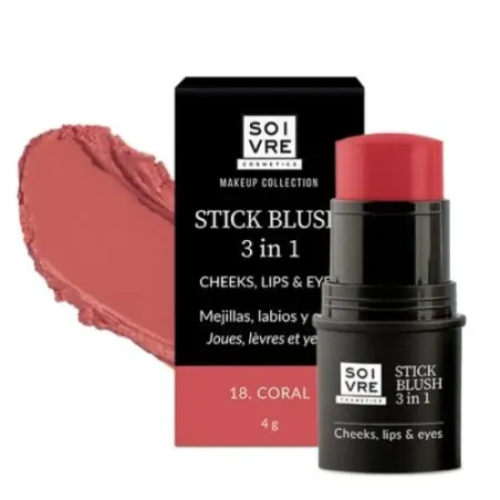 Soivre Colorete en Stick 3 en 1 Mejillas, Labios y Ojos Color Coral, 4 gr| BelliFarma